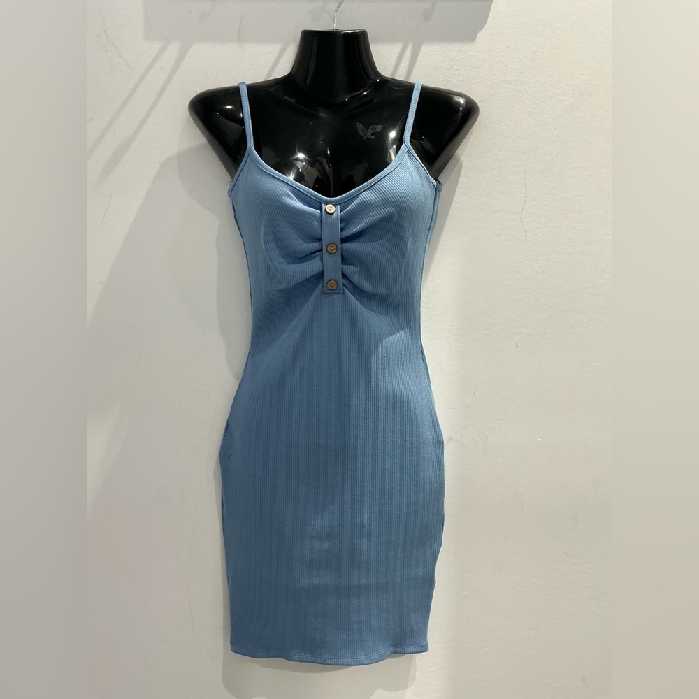 Blue Ribbed Button-Front Dress